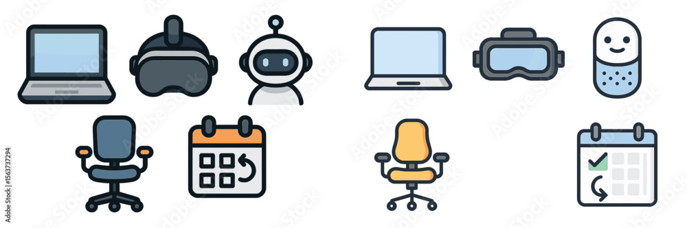 Poster Technology icons illustrating virtual reality, robotics, and workspace management on a white background in a modern layout