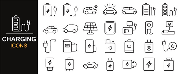 Set of charging icons featuring electric vehicles, solar power, and batteries, ideal for energy, eco-friendly, and technology projects.
