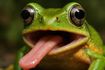 A green frog sticking out its tongue