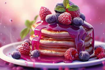 Ultra Quality Picture of Homemade Blueberry Pancakes with Raspberry Syrup Drizzle