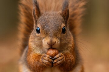 Fototapeta premium A squirrel eating a nut in its mouth