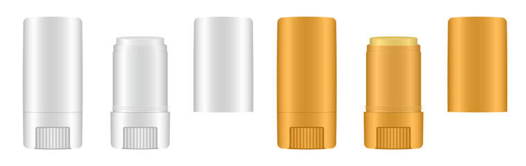 Cosmetic stick mockup set – white and orange plastic packaging with rotating bottom wheel. Сontainers for sun protection, anti-chafing products, deodorants, or skincare