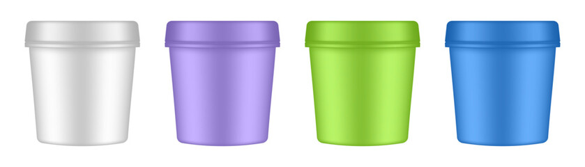 Set of plastic ice cream tubs. Vector mockup of a food packaging. White, purple, green and blue jars. Yoghurt container. Plastic Bucket