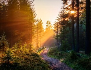Fototapeta premium vividly colored forest path at sunrise