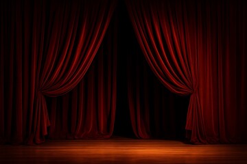 A pair of deep red velvet curtains frame an empty stage with a dark wooden floor