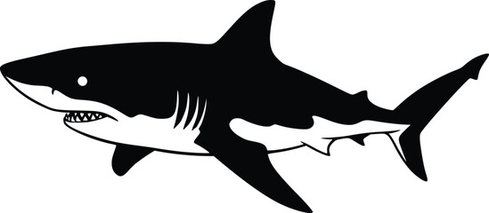 Silhouette of a shark in profile with open mouth and visible dorsal fin