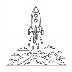 Line drawing of a rocket launching with smoke and clouds in the background.