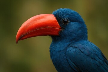 Fototapeta premium A blue bird with a red beak sitting on a branch