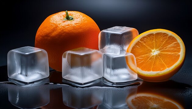 beautifully arranged ice cube tray with freshly frozen cubes one glowing orange on dark reflective surface contrast highlights vibrant colors and textures