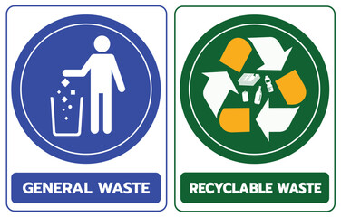 Vector signage showing separation of general waste and recyclable waste for eco-friendly disposal and recycling awareness.