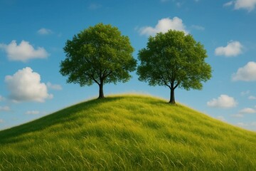 Obraz premium Two trees on a grassy hill with a blue sky in the background