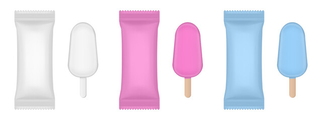 Obraz premium Set of white, pink and blue flow packs. Popsicle ice cream wrapper. Foil bag. Realistic vector mockup