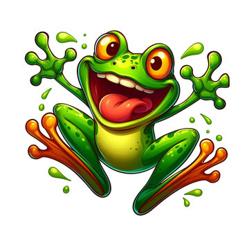 Crazy goofy cartoon frog, white backdrop. AI