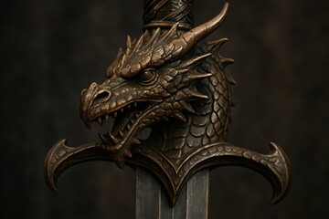 A close up of a sword with a dragon head on it