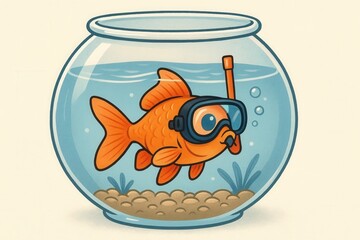 A goldfish wearing a mask and snorkel in a fish bowl