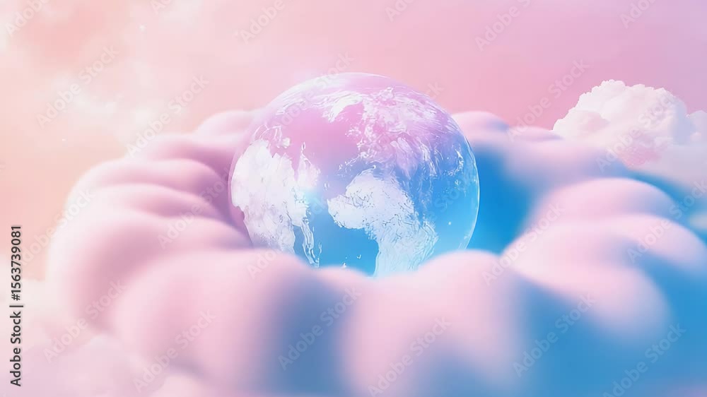Poster abstract cloudscape featuring a glowing globe in shades of pink and blue. soft clouds surround the g