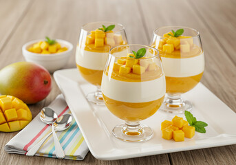 Three mango panna cotta desserts in glasses on a white plate with fresh mangoes and mint, set on a wooden table