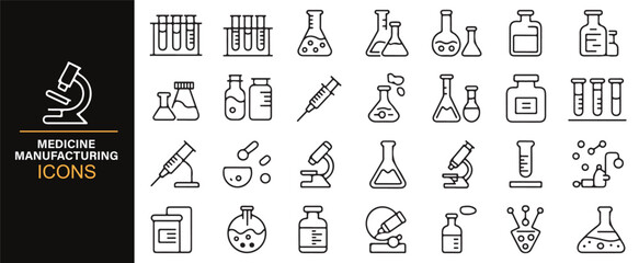Line art style medical icons featuring test tubes, syringes, microscopes, and flasks for science and research themes.