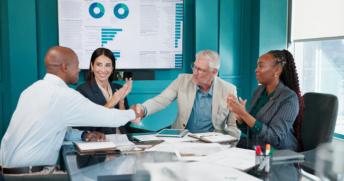 Applause, business people and handshake with CEO for investment, deal success and data partnership. Smile, team clapping and shaking hands in office with financial analyst for acquisition or merger