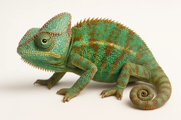 A green chameleon on a white background