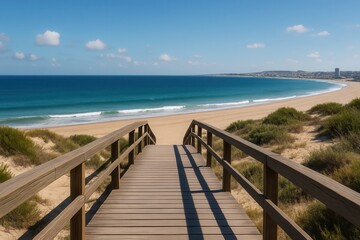 A wooden walkway leading to a sandy beach next to the ocean
