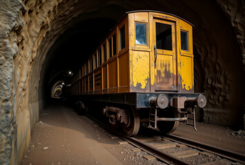 Old train in tunnel. A vintage yellow train carriage sits abandoned on tracks inside a dark, earthy mining tunnel.