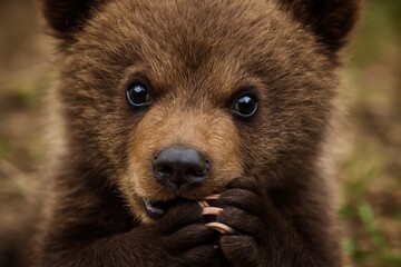 Obraz premium A brown bear cub holding a piece of wood in its mouth