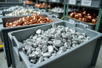 Raw metal ingots. A close-up on a bin filled with shiny silver metal pellets, possibly aluminum or zinc, stored in a warehouse for industrial use.
