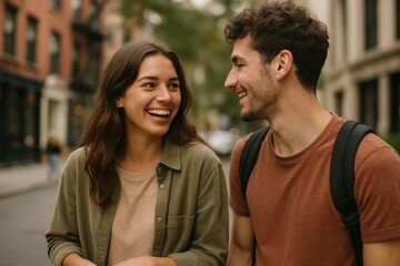 Obraz premium A man and a woman laughing together on a city street
