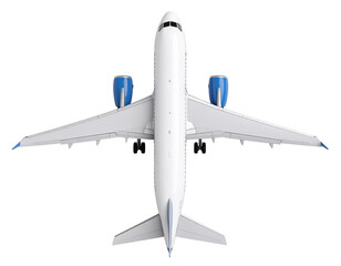 Aerial view of a white airplane with blue engines on a black background isolated on transparent background