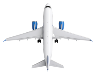 Aerial view of a white airplane with blue engines on a black background isolated on transparent background