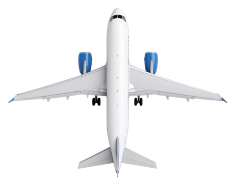 Aerial view of a white airplane with blue engines on a black background isolated on transparent background