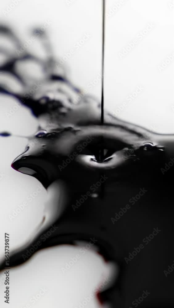 Poster Mesmerizing extreme close-up video of jet-black viscous liquid spreading on a pristine matte white surface, creating intricate organic shapes and abstract textures with shallow depth of field.
