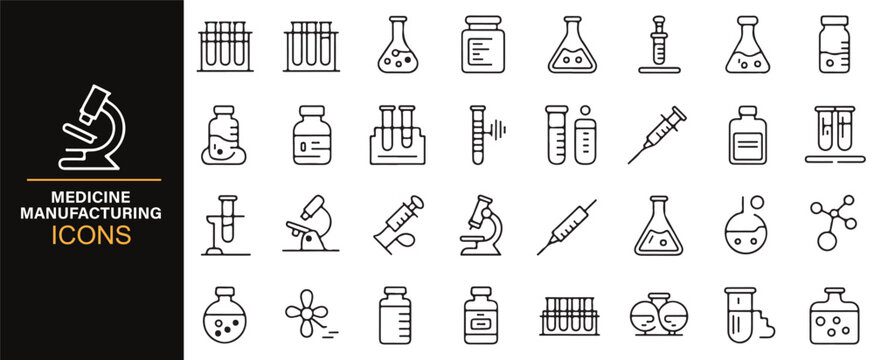 A variety of healthcare-related icons for use in medical and pharmaceutical branding, including syringes and laboratory equipment.