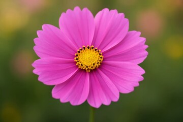 Fototapeta premium A pink flower with a yellow center on a green background