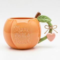 Peach-shaped ceramic mug with text Mom, You're a Peach, green leaf handle, and heart charm.