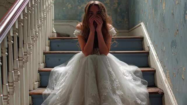 Distraught Bride Crying on Stairs in Wedding Dress