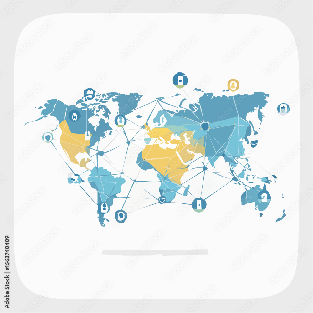 Poster simplified world map with network connections and iconography displaying a global concept