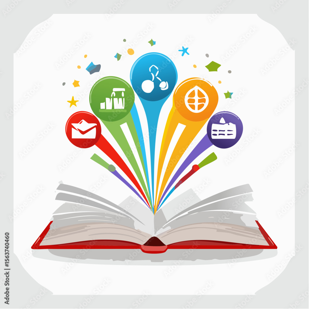 Aufkleber an open book with colorful icons representing knowledge and education concepts