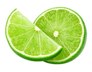A vibrant image of two lime slices against a solid black background isolated on transparent background