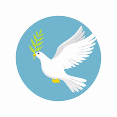 Fototapeta premium Vector illustration of a white dove carrying an olive branch in a blue circle