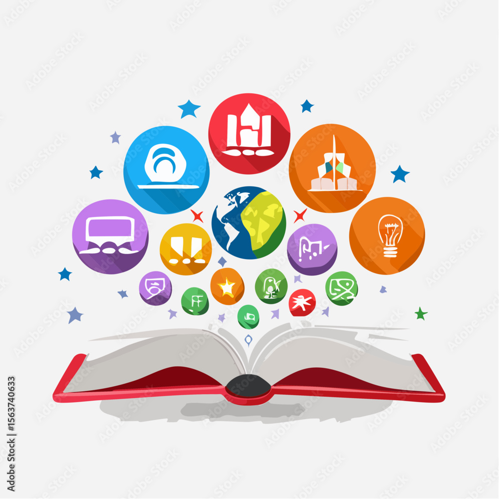 Poster colorful illustration of an open book with icons representing knowledge and learning