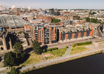 Glasgow Scotland: 18th May 2025: Drone view of Glasgow residential buildings on River Clyde