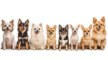 Cute dogs of different sizes in a row on a white background, from the smallest to the largest 