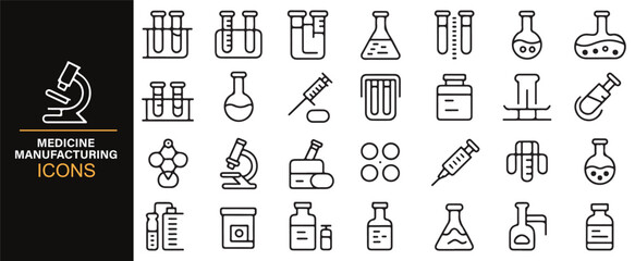 Minimalistic healthcare and laboratory icons in black and white, ideal for use in pharmaceutical branding and scientific research.