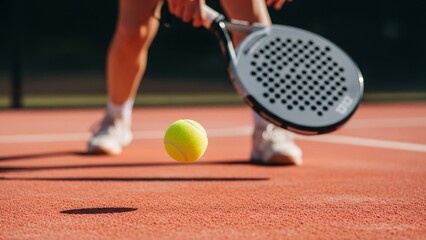 Action shot of padel game, paddle racket about to strike tennis ball, intense outdoor sports atmosphere, ideal for health and exercise advertising.