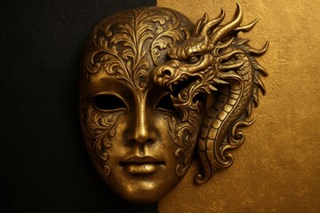 A gold mask with a dragon head on a wall