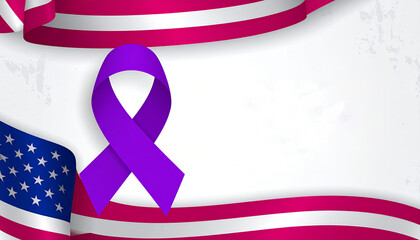 A patriotic design featuring an American flag element, a purple awareness ribbon, and flowing red and white ribbons with a white background, symbolizing support