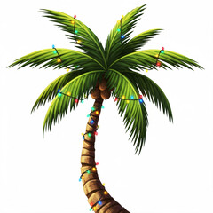 Tropical palm tree with colorful holiday lights on a white background.