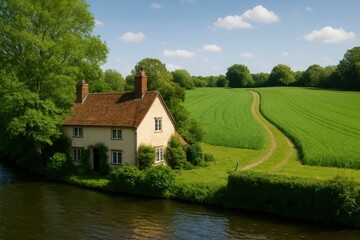 Obraz premium A house sitting on the side of a river next to a lush green field